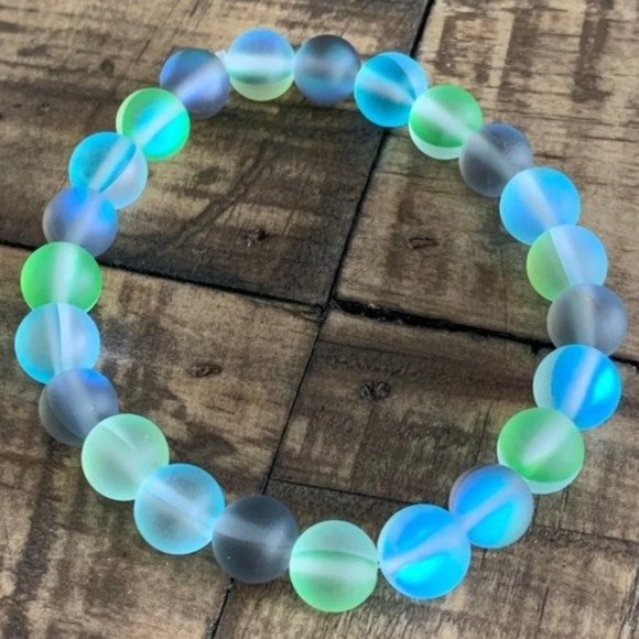 Blue Green Gray Mystic Aura Stretch Bead Bracelet - Picture 2 of 4